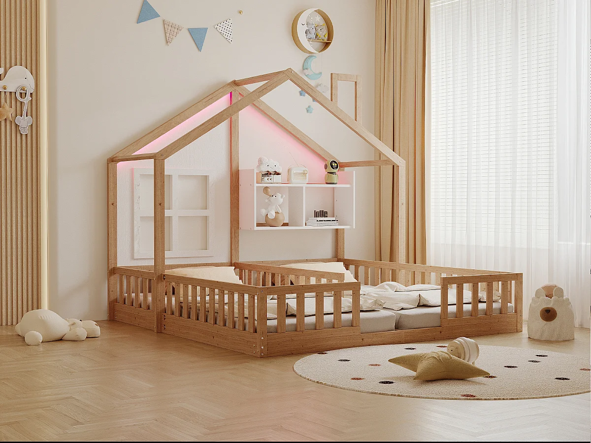 Lit plat pour enfant - 2 x 90 x 200 cm - style maison avec fenêtres - avec Leds + étagères de rangement - bois + MDF - naturel
