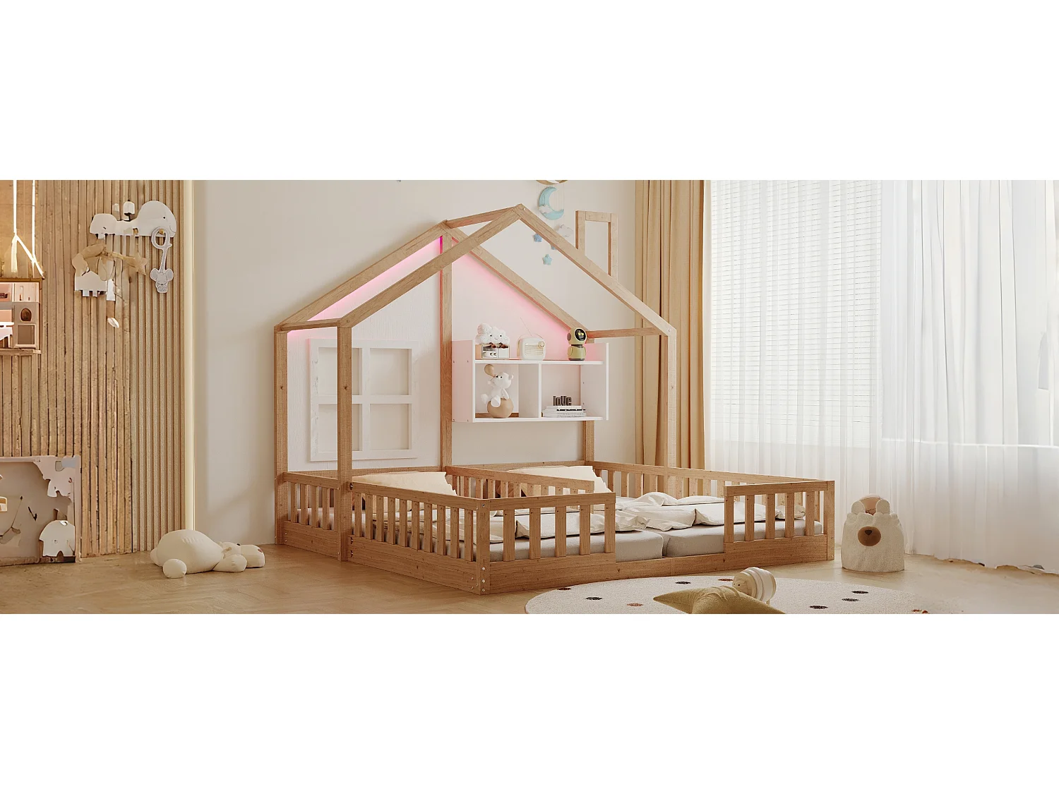 Lit plat pour enfant - 2 x 90 x 200 cm - style maison avec fenêtres - avec Leds + étagères de rangement - bois + MDF - naturel