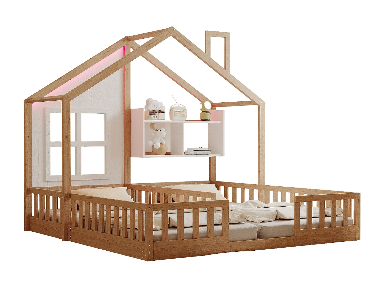 Lit plat pour enfant - 2 x 90 x 200 cm - style maison avec fenêtres - avec Leds + étagères de rangement - bois + MDF - naturel