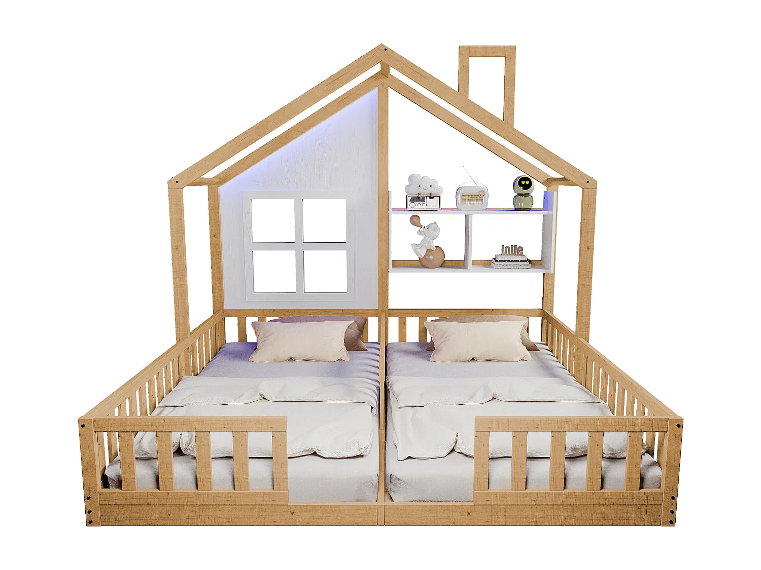 Lit plat pour enfant - 2 x 90 x 200 cm - style maison avec fenêtres - avec Leds + étagères de rangement - bois + MDF - naturel