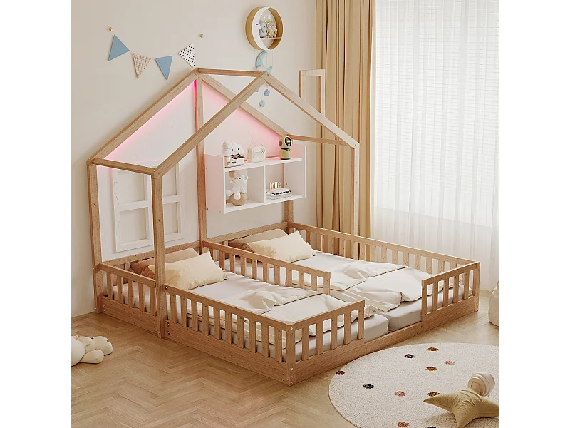 Lit plat pour enfant - 2 x 90 x 200 cm - style maison avec fenêtres - avec Leds + étagères de rangement - bois + MDF - naturel