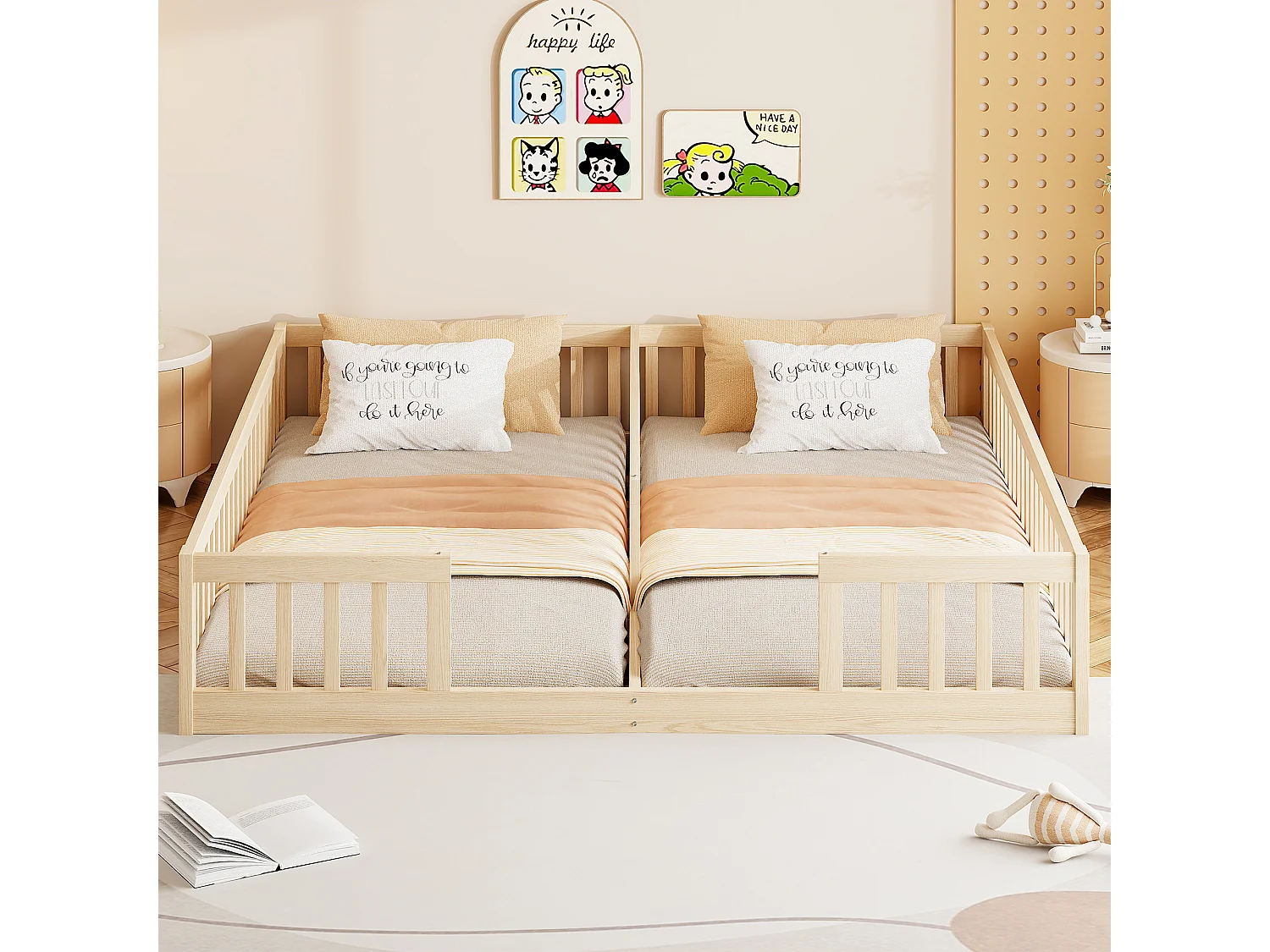 Lit enfant - 2 x 90 x 200 cm - avec barrières + sommier à lattes - Bois de pin + MDF - Style simple - naturel