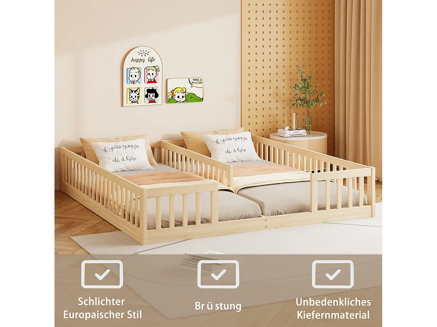 Lit enfant - 2 x 90 x 200 cm - avec barrières + sommier à lattes - Bois de pin + MDF - Style simple - naturel