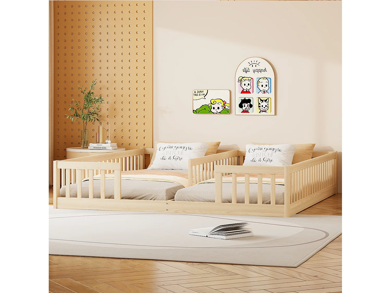 Lit enfant - 2 x 90 x 200 cm - avec barrières + sommier à lattes - Bois de pin + MDF - Style simple - naturel