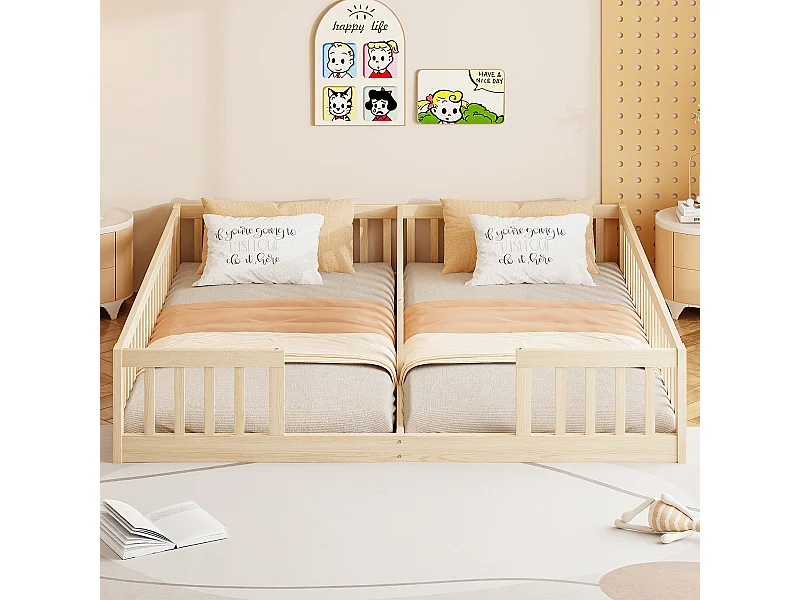 Lit enfant - 2 x 90 x 200 cm - avec barrières + sommier à lattes - Bois de pin + MDF - Style simple - naturel