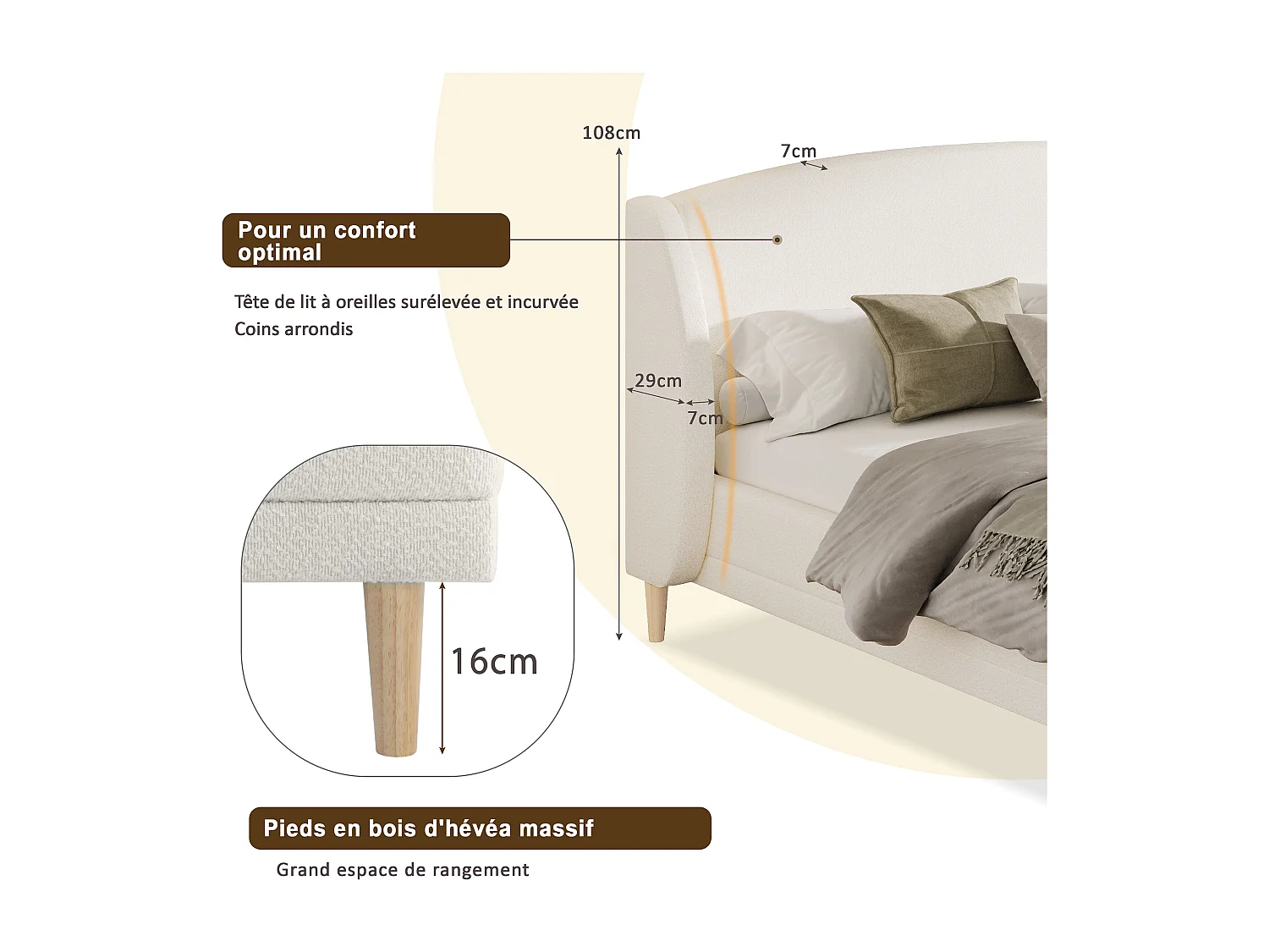 Lit capitonné double - 140 x 190 cm - avec tête de lit à oreilles + sommier à lattes solides - bouclé - blanc