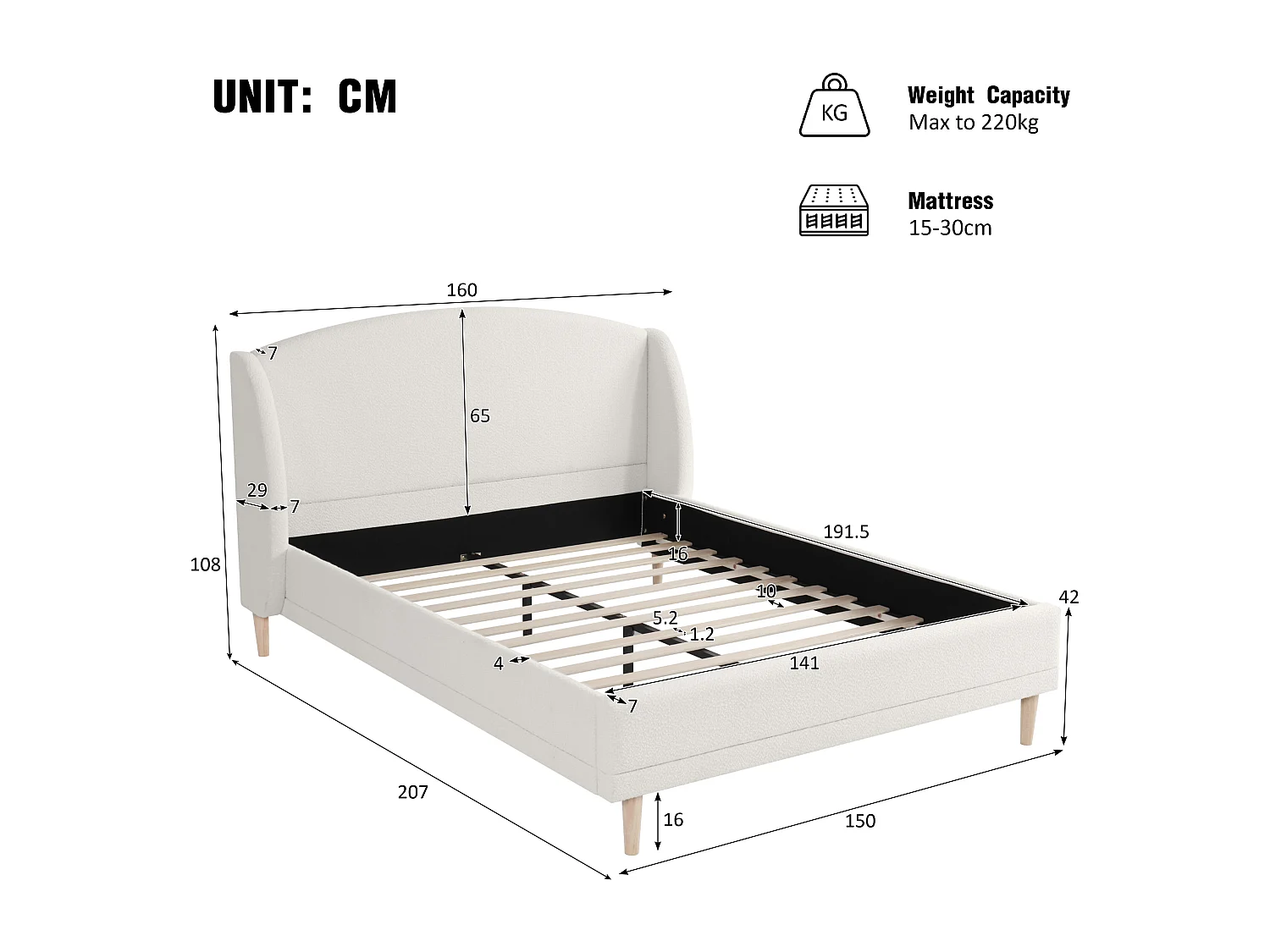 Lit capitonné double - 140 x 190 cm - avec tête de lit à oreilles + sommier à lattes solides - bouclé - blanc