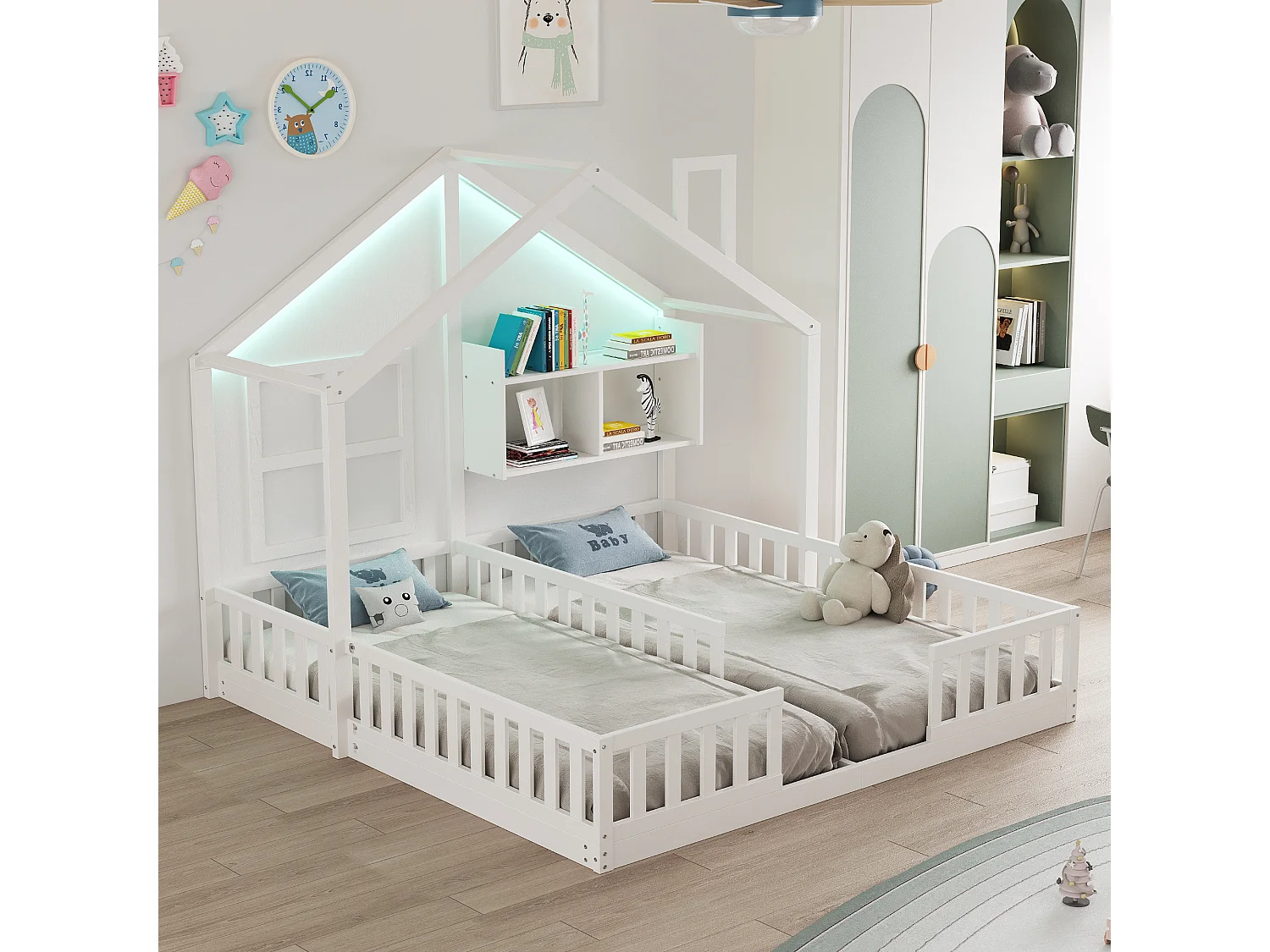 Lit plat pour enfant - 2 x 90 x 200 cm - style maison avec fenêtres - avec Leds + étagères de rangement - bois + MDF - blanc