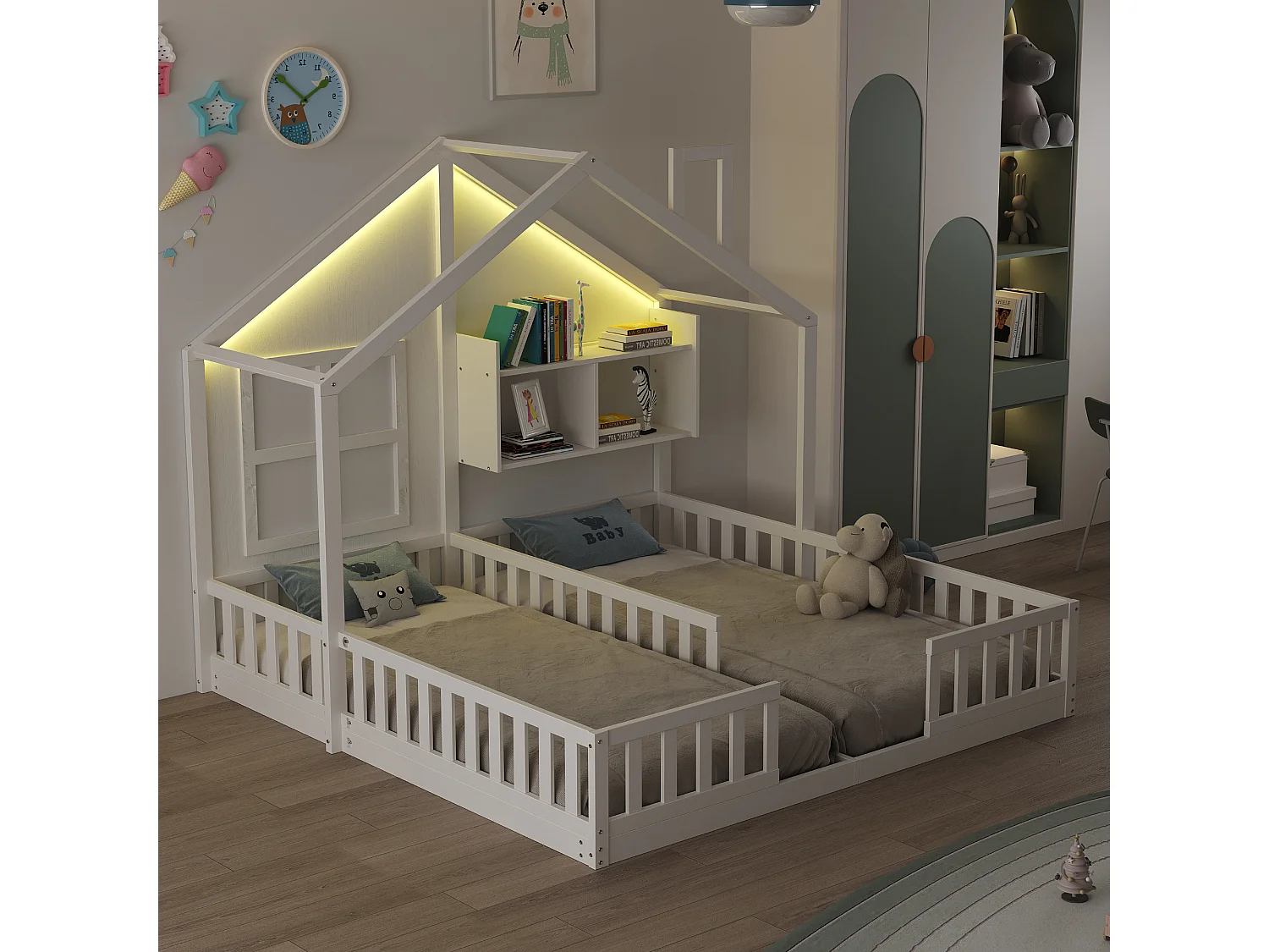 Lit plat pour enfant - 2 x 90 x 200 cm - style maison avec fenêtres - avec Leds + étagères de rangement - bois + MDF - blanc