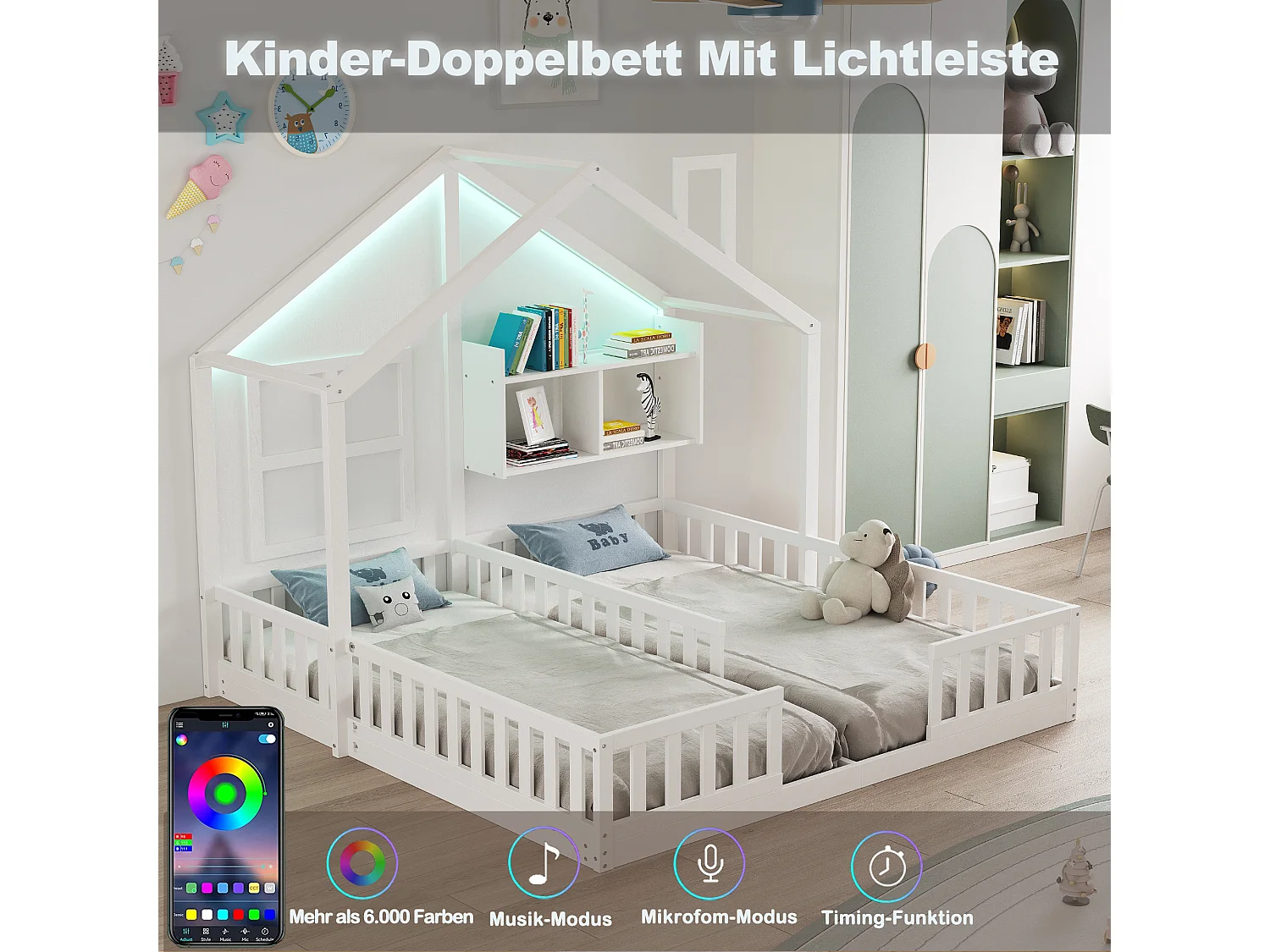 Lit plat pour enfant - 2 x 90 x 200 cm - style maison avec fenêtres - avec Leds + étagères de rangement - bois + MDF - blanc