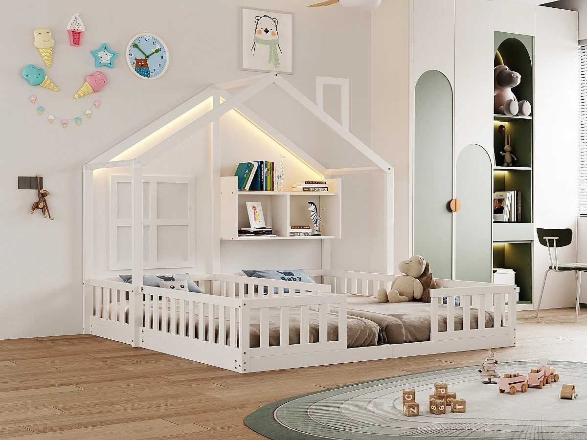 Lit plat pour enfant - 2 x 90 x 200 cm - style maison avec fenêtres - avec Leds + étagères de rangement - bois + MDF - blanc