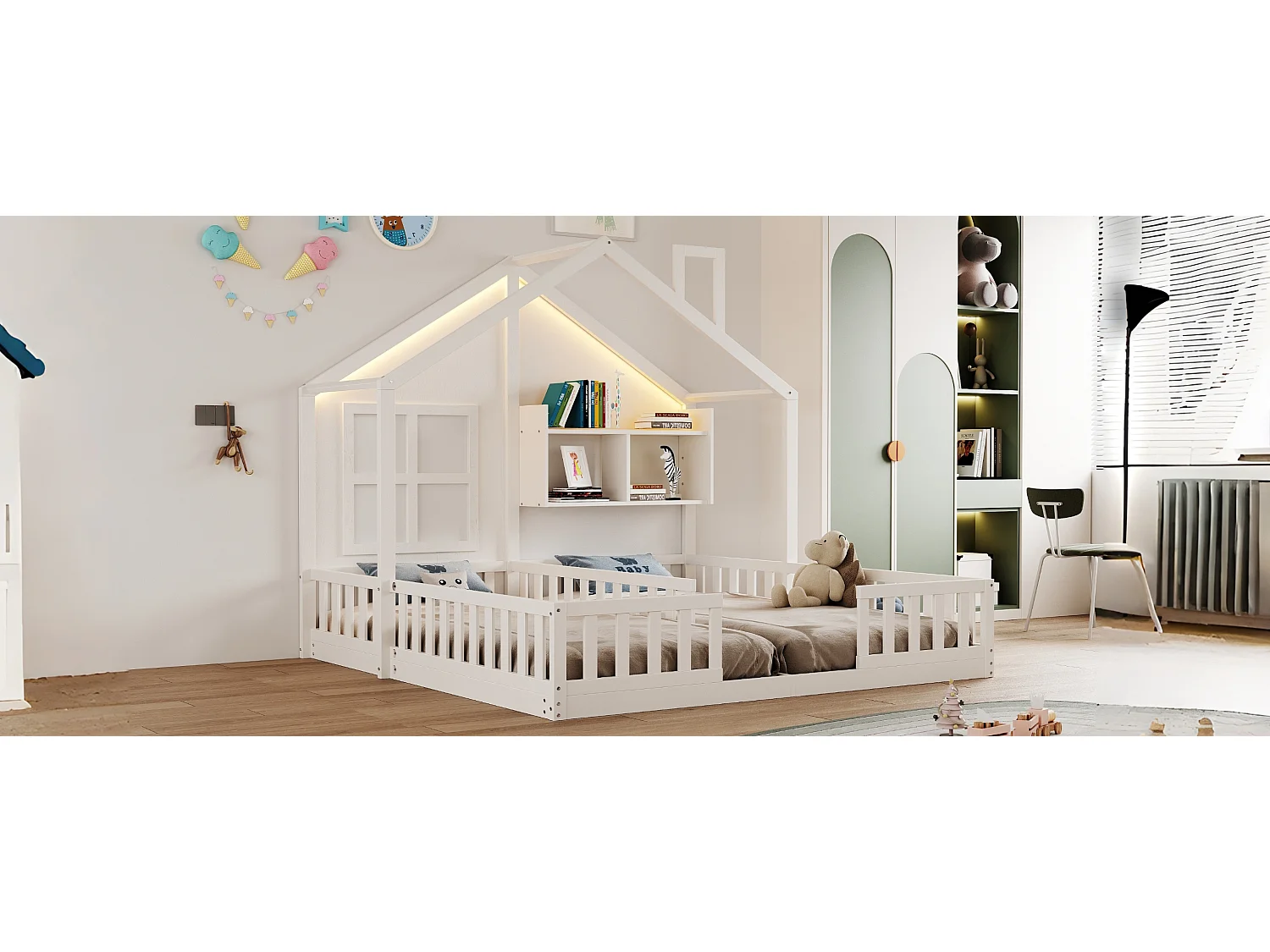 Lit plat pour enfant - 2 x 90 x 200 cm - style maison avec fenêtres - avec Leds + étagères de rangement - bois + MDF - blanc
