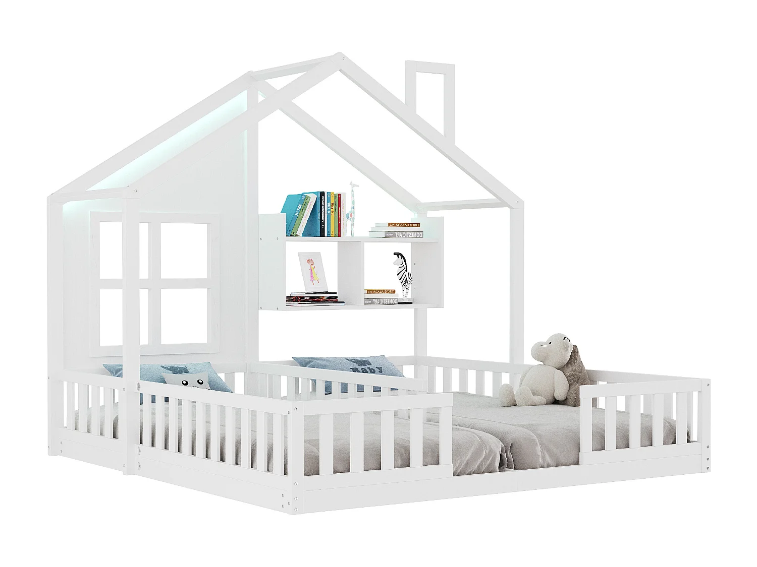Lit plat pour enfant - 2 x 90 x 200 cm - style maison avec fenêtres - avec Leds + étagères de rangement - bois + MDF - blanc