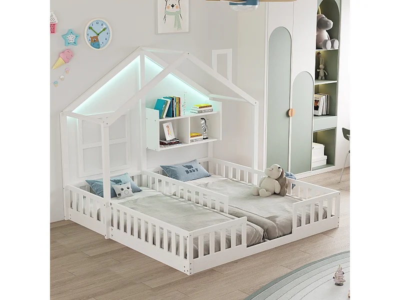 Lit plat pour enfant - 2 x 90 x 200 cm - style maison avec fenêtres - avec Leds + étagères de rangement - bois + MDF - blanc