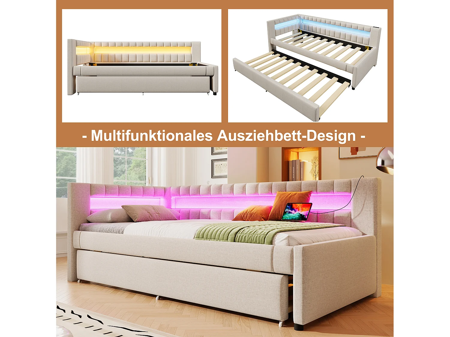 Lit gigogne rembourré - 90 x 200 cm + 90 x 190 cm - avec Leds + USB + Type-C - sans matelas - lin + MDF - beige