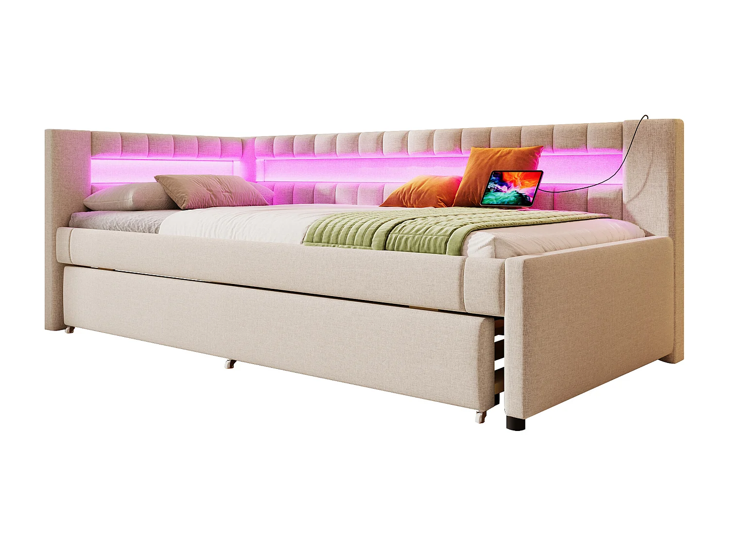 Lit gigogne rembourré - 90 x 200 cm + 90 x 190 cm - avec Leds + USB + Type-C - sans matelas - lin + MDF - beige
