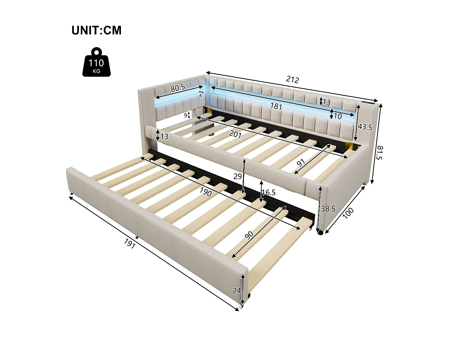 Lit gigogne rembourré - 90 x 200 cm + 90 x 190 cm - avec Leds + USB + Type-C - sans matelas - lin + MDF - beige