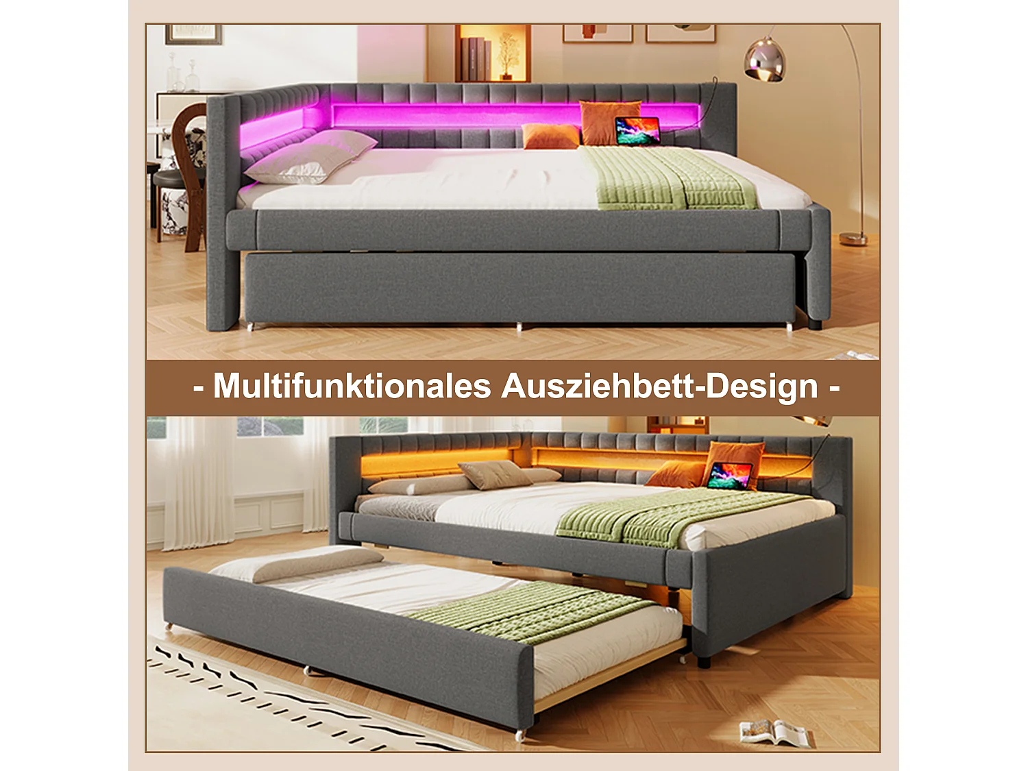 Lit gigogne rembourré - 140 x 200 cm + 90 x 190 cm - avec Leds + USB + Type-C - sans matelas - lin + MDF - gris