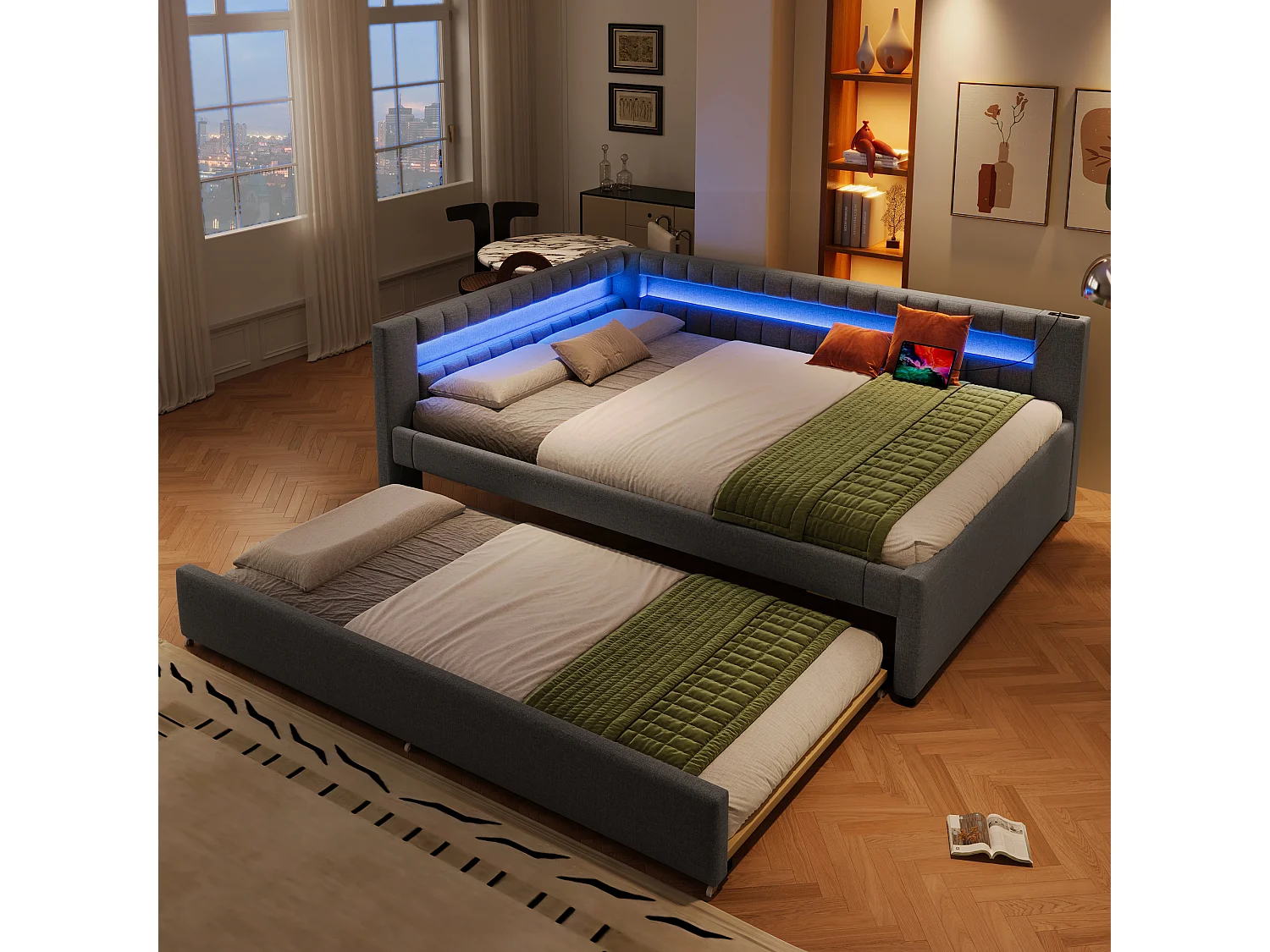 Lit gigogne rembourré - 140 x 200 cm + 90 x 190 cm - avec Leds + USB + Type-C - sans matelas - lin + MDF - gris