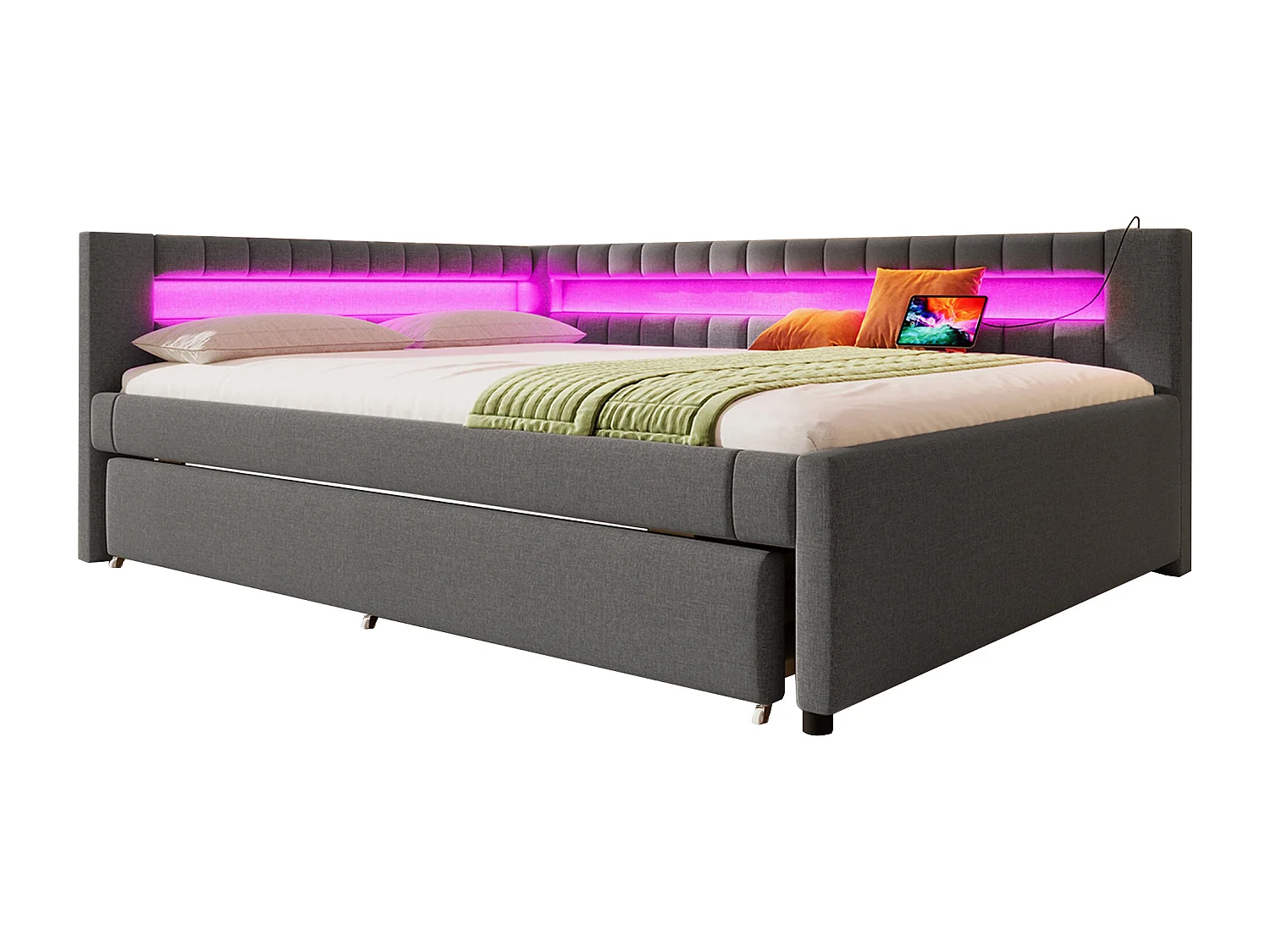 Lit gigogne rembourré - 140 x 200 cm + 90 x 190 cm - avec Leds + USB + Type-C - sans matelas - lin + MDF - gris