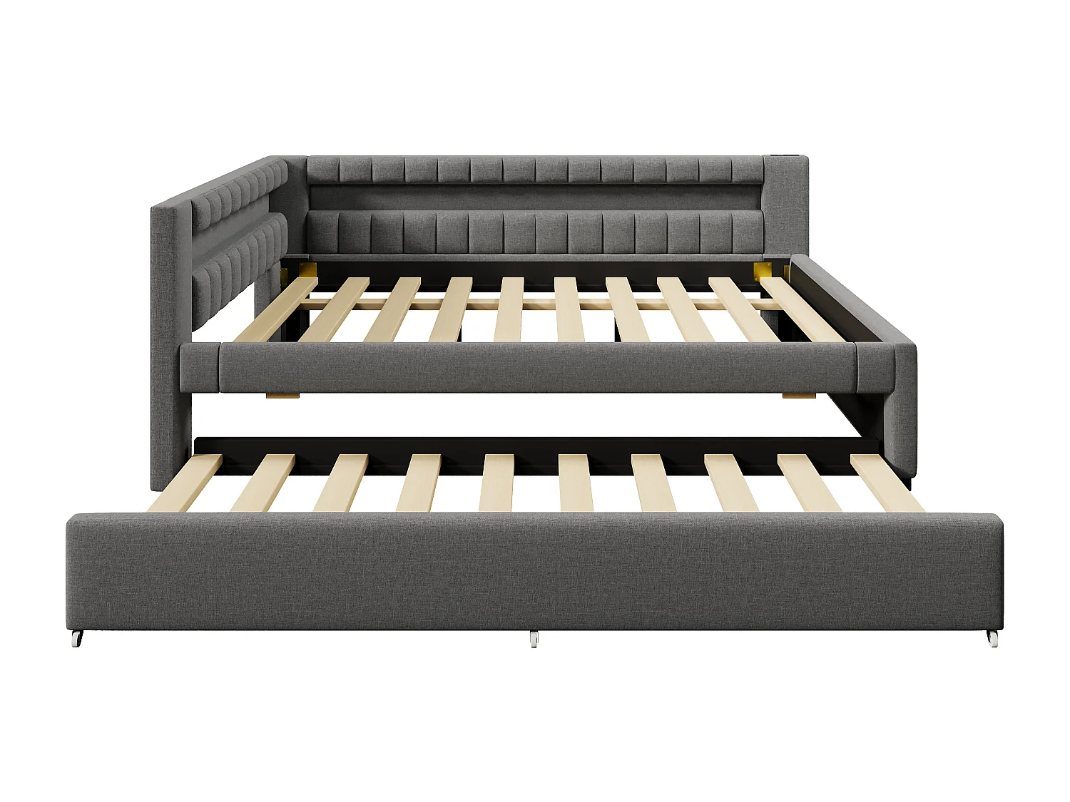 Lit gigogne rembourré - 140 x 200 cm + 90 x 190 cm - avec Leds + USB + Type-C - sans matelas - lin + MDF - gris