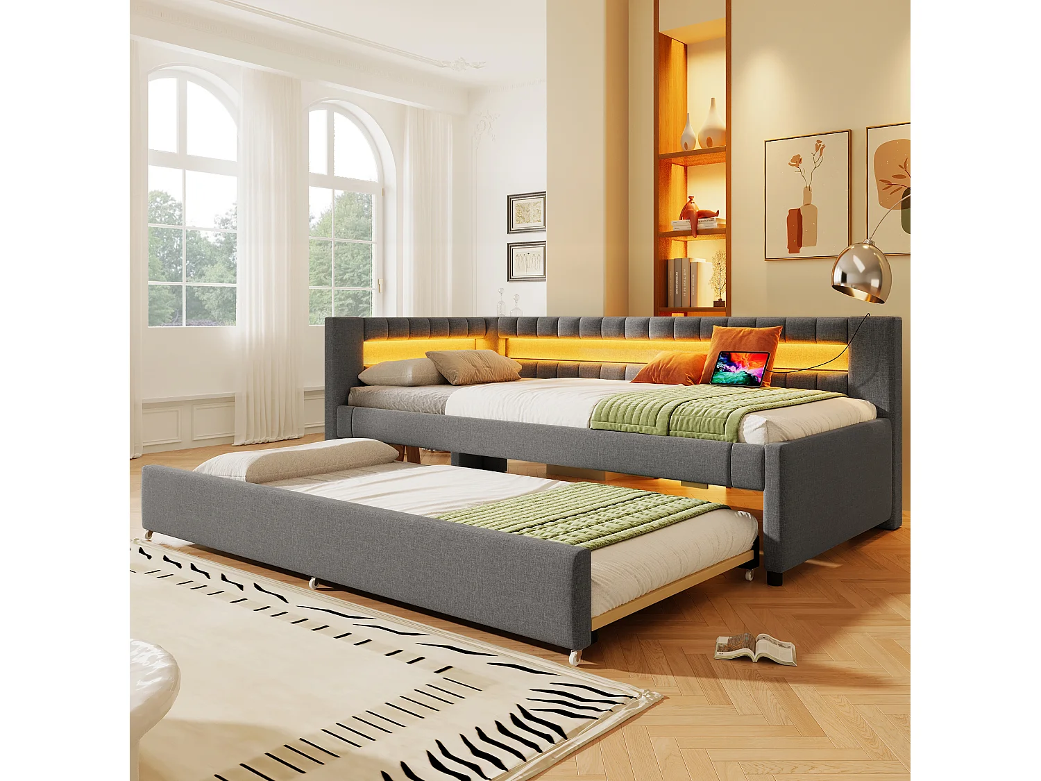 Lit gigogne rembourré - 90 x 200 cm + 90 x 190 cm - avec Leds + USB + Type-C - sans matelas - lin + MDF - gris