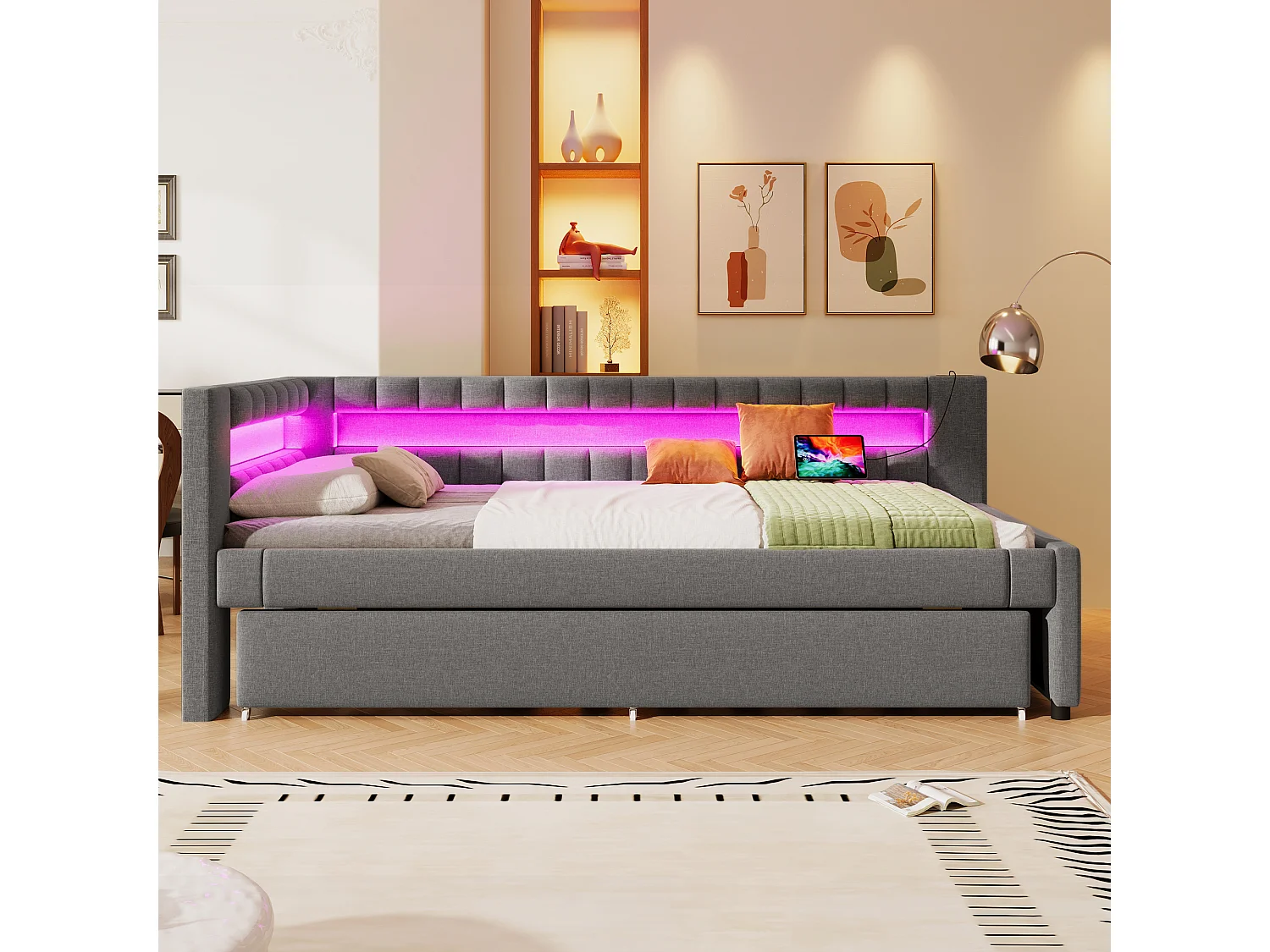 Lit gigogne rembourré - 90 x 200 cm + 90 x 190 cm - avec Leds + USB + Type-C - sans matelas - lin + MDF - gris