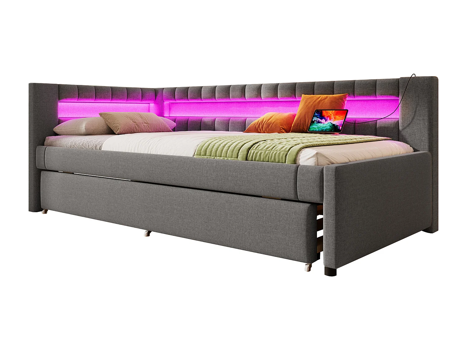 Lit gigogne rembourré - 90 x 200 cm + 90 x 190 cm - avec Leds + USB + Type-C - sans matelas - lin + MDF - gris
