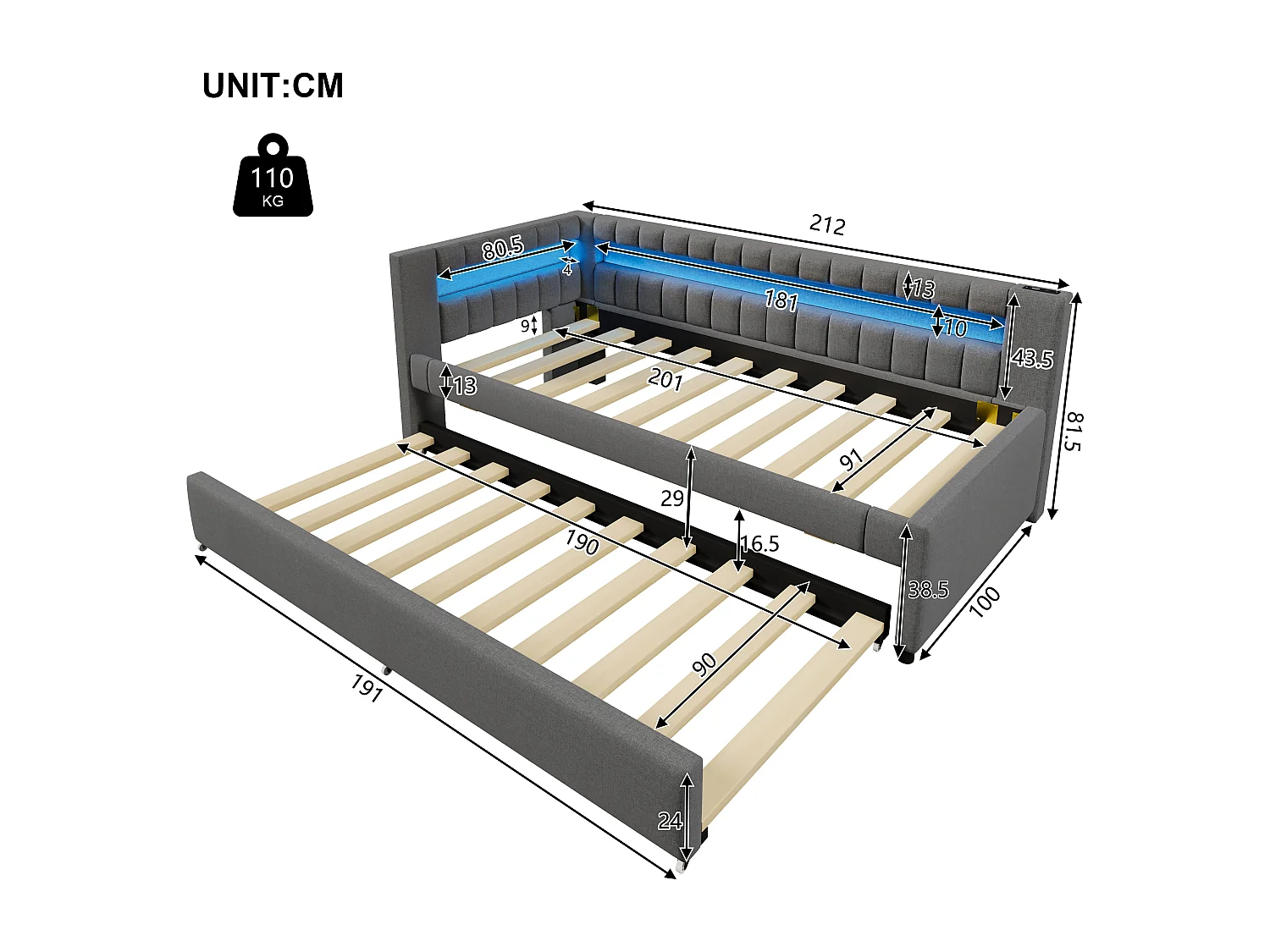 Lit gigogne rembourré - 90 x 200 cm + 90 x 190 cm - avec Leds + USB + Type-C - sans matelas - lin + MDF - gris