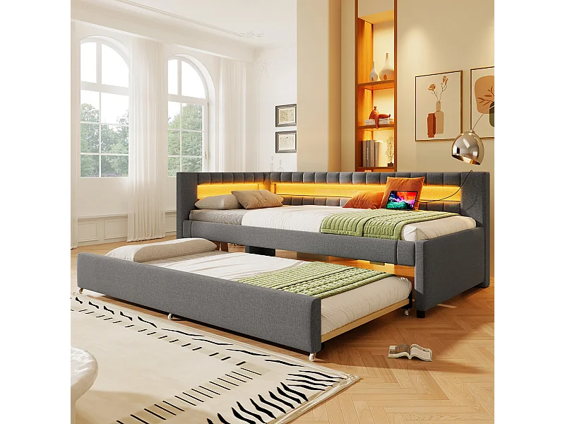 Lit gigogne rembourré - 90 x 200 cm + 90 x 190 cm - avec Leds + USB + Type-C - sans matelas - lin + MDF - gris