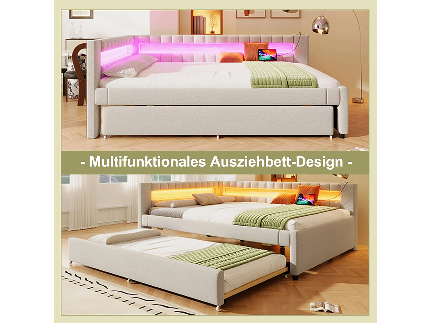Lit gigogne rembourré - 140 x 200 cm + 90 x 190 cm - avec Leds + USB + Type-C - sans matelas - lin + MDF - beige