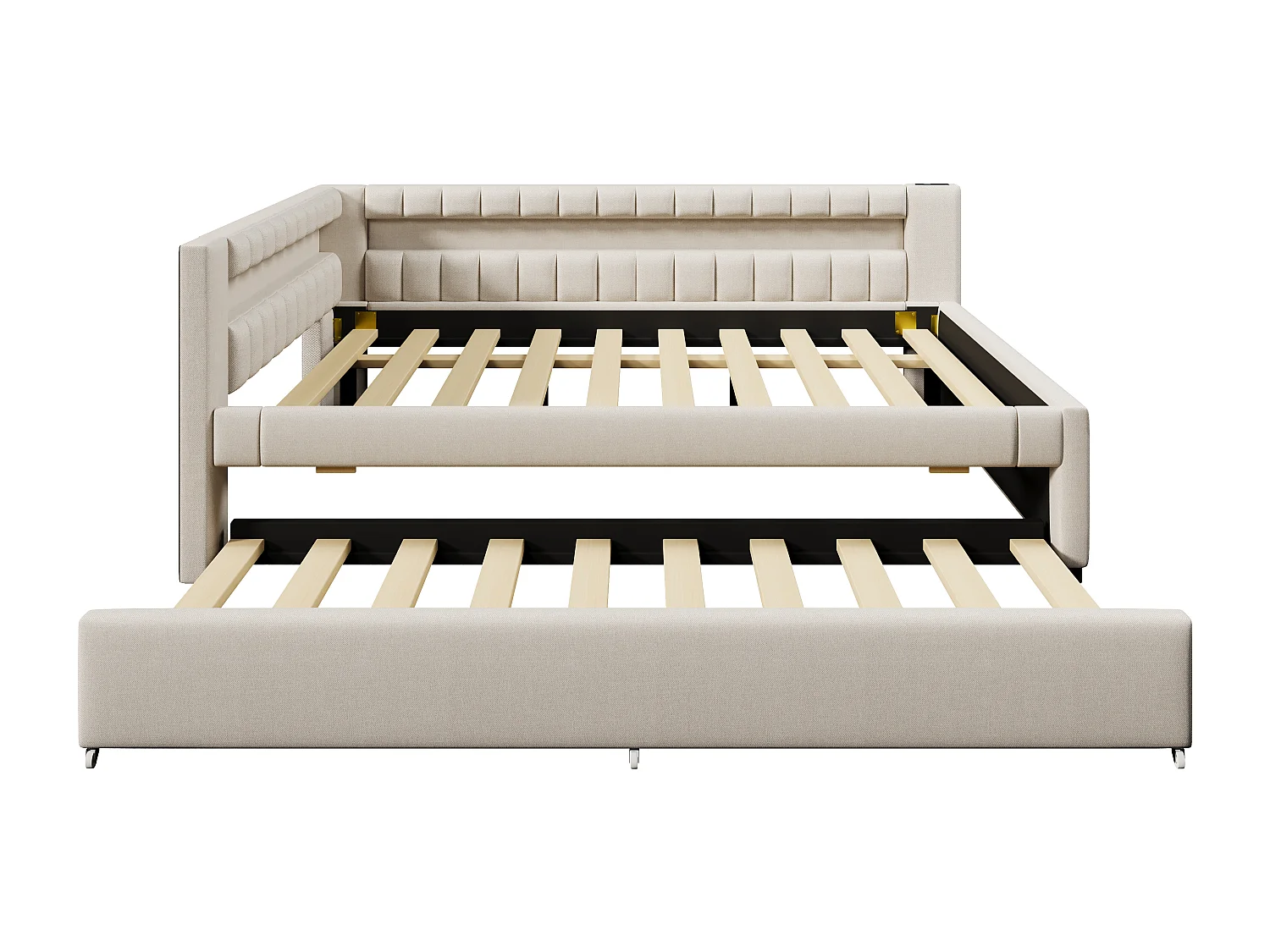 Lit gigogne rembourré - 140 x 200 cm + 90 x 190 cm - avec Leds + USB + Type-C - sans matelas - lin + MDF - beige
