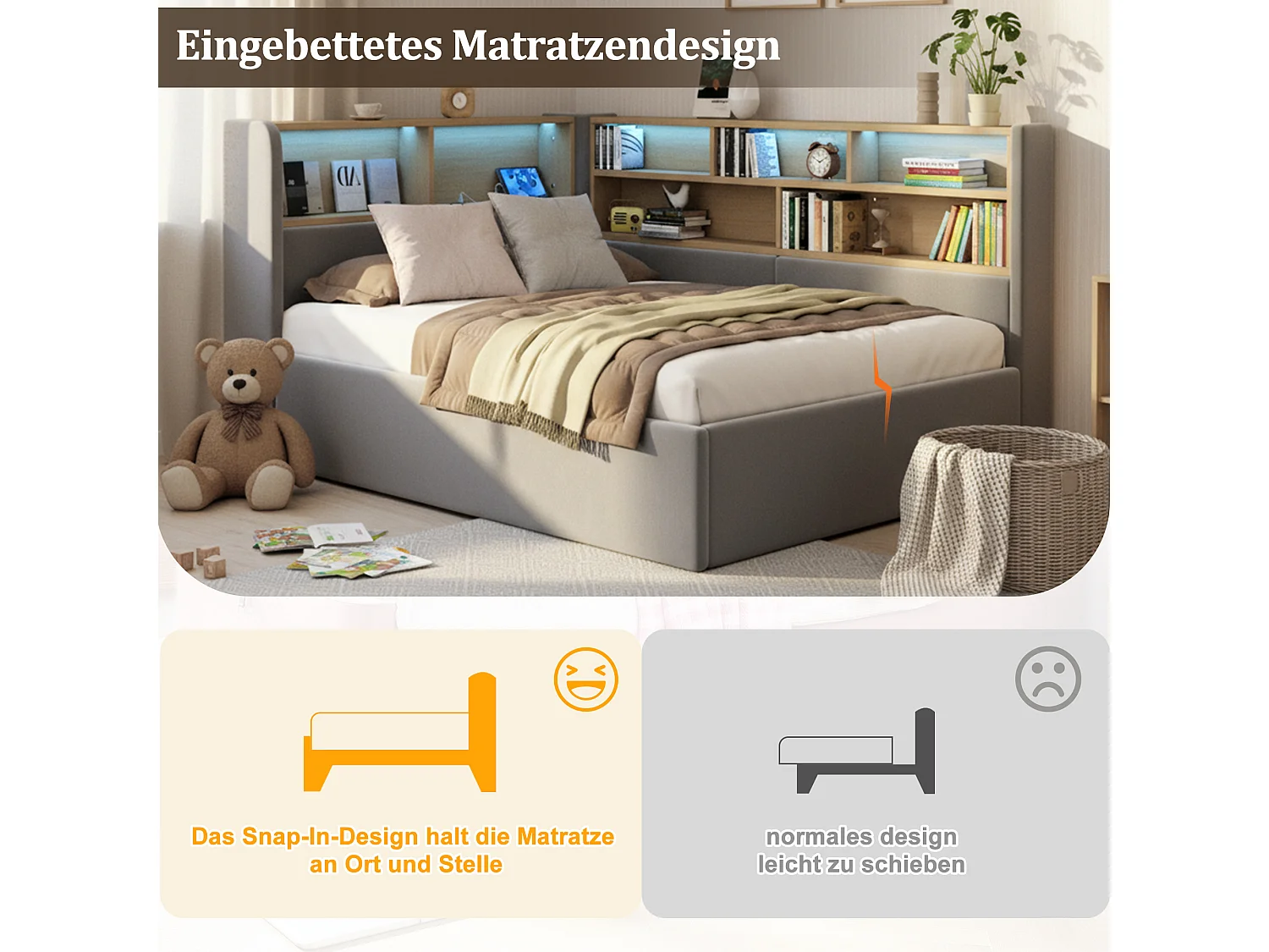 Lit coffre hydraulique pour enfant - 90 x 200 cm - canapé-lit rembourré avec étagère + Leds + USB - velours - gris