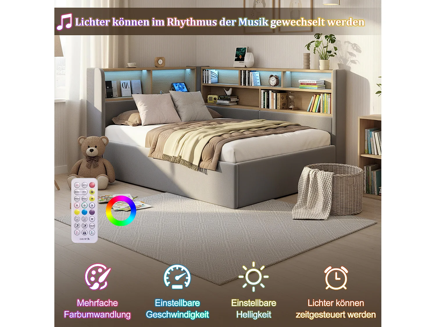 Lit coffre hydraulique pour enfant - 90 x 200 cm - canapé-lit rembourré avec étagère + Leds + USB - velours - gris