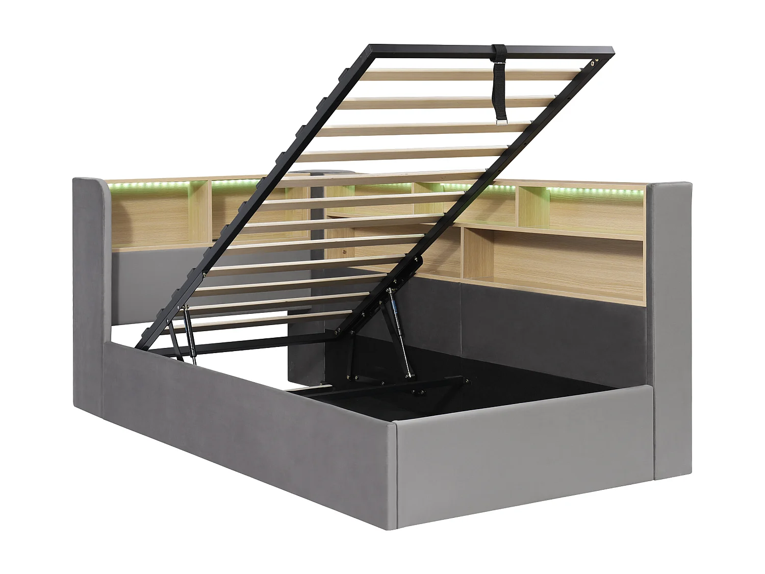 Lit coffre hydraulique pour enfant - 90 x 200 cm - canapé-lit rembourré avec étagère + Leds + USB - velours - gris