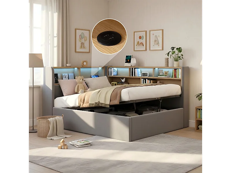 Lit coffre hydraulique pour enfant - 90 x 200 cm - canapé-lit rembourré avec étagère + Leds + USB - velours - gris