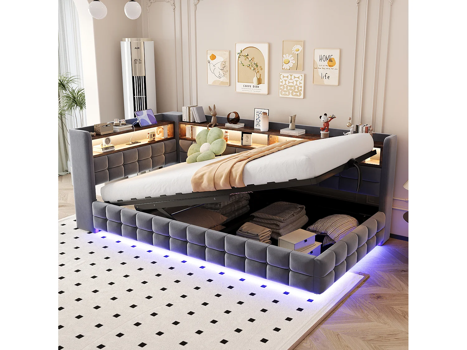 Lit coffre pour enfant - 90 x 200 cm - canapé-lit rembourré avec rangement hydraulique + étagère + Leds - velours - gris