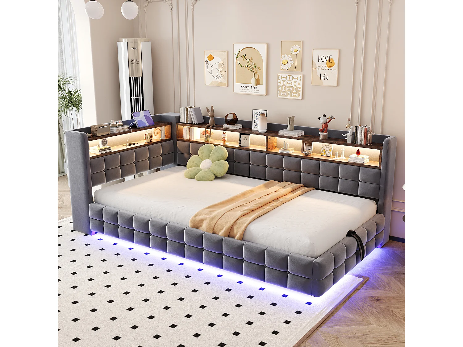 Lit coffre pour enfant - 90 x 200 cm - canapé-lit rembourré avec rangement hydraulique + étagère + Leds - velours - gris