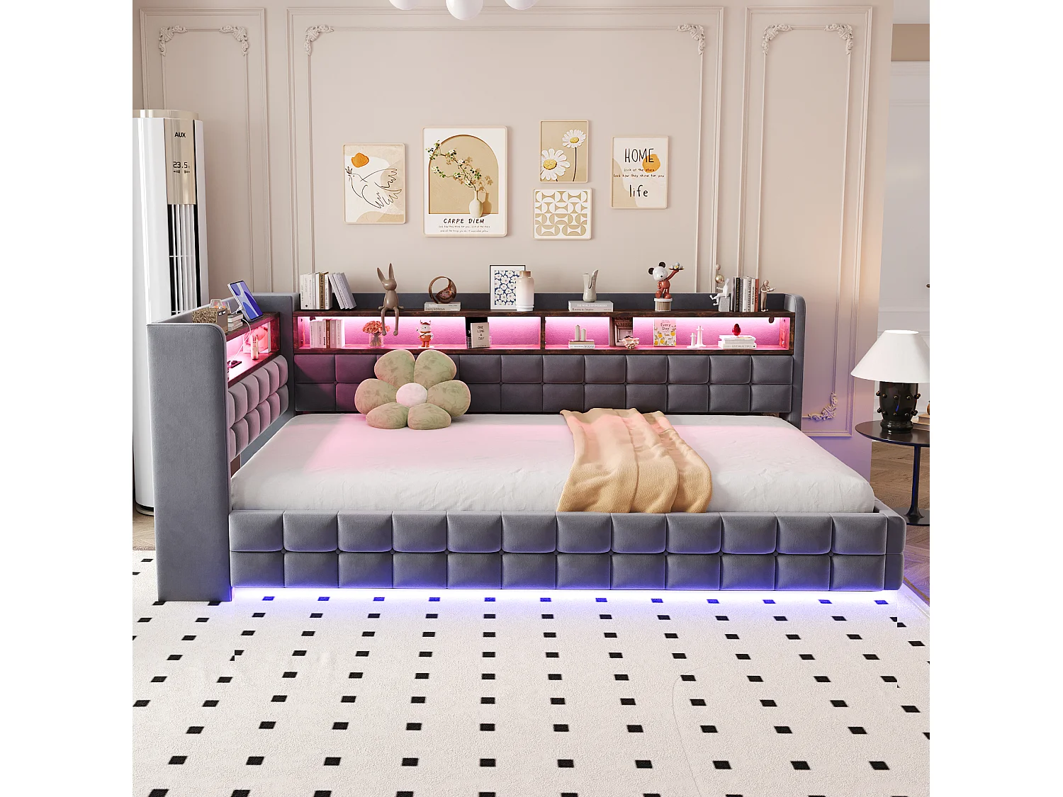 Lit coffre pour enfant - 90 x 200 cm - canapé-lit rembourré avec rangement hydraulique + étagère + Leds - velours - gris