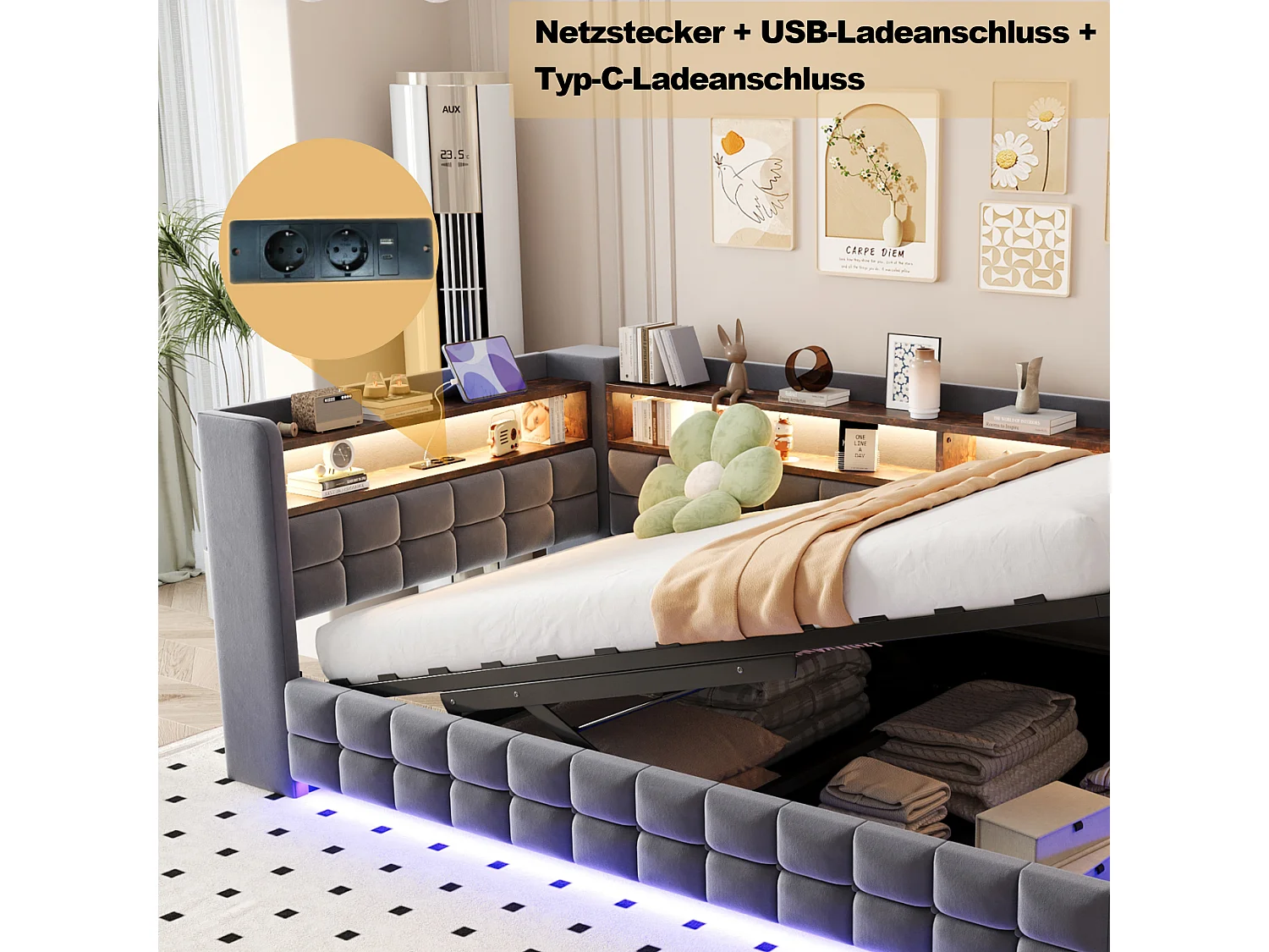 Lit coffre pour enfant - 90 x 200 cm - canapé-lit rembourré avec rangement hydraulique + étagère + Leds - velours - gris