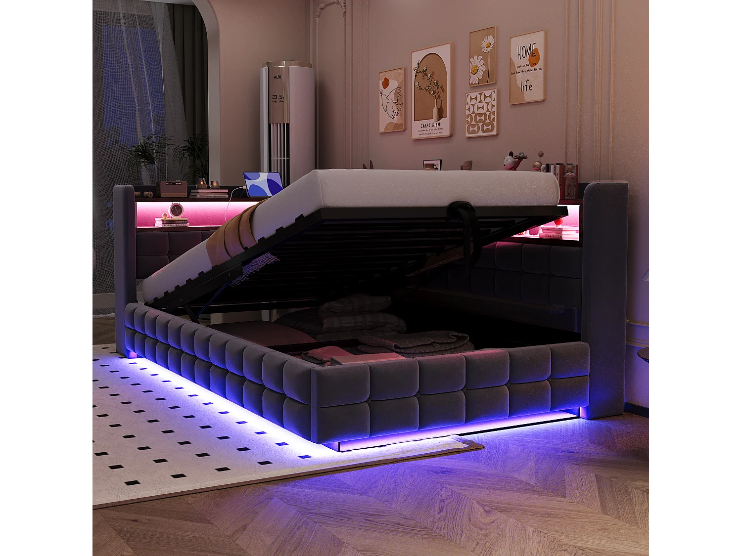 Lit coffre pour enfant - 90 x 200 cm - canapé-lit rembourré avec rangement hydraulique + étagère + Leds - velours - gris
