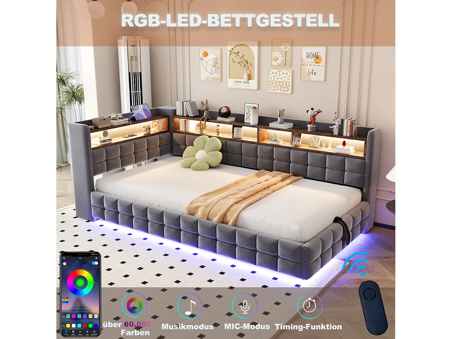 Lit coffre pour enfant - 90 x 200 cm - canapé-lit rembourré avec rangement hydraulique + étagère + Leds - velours - gris