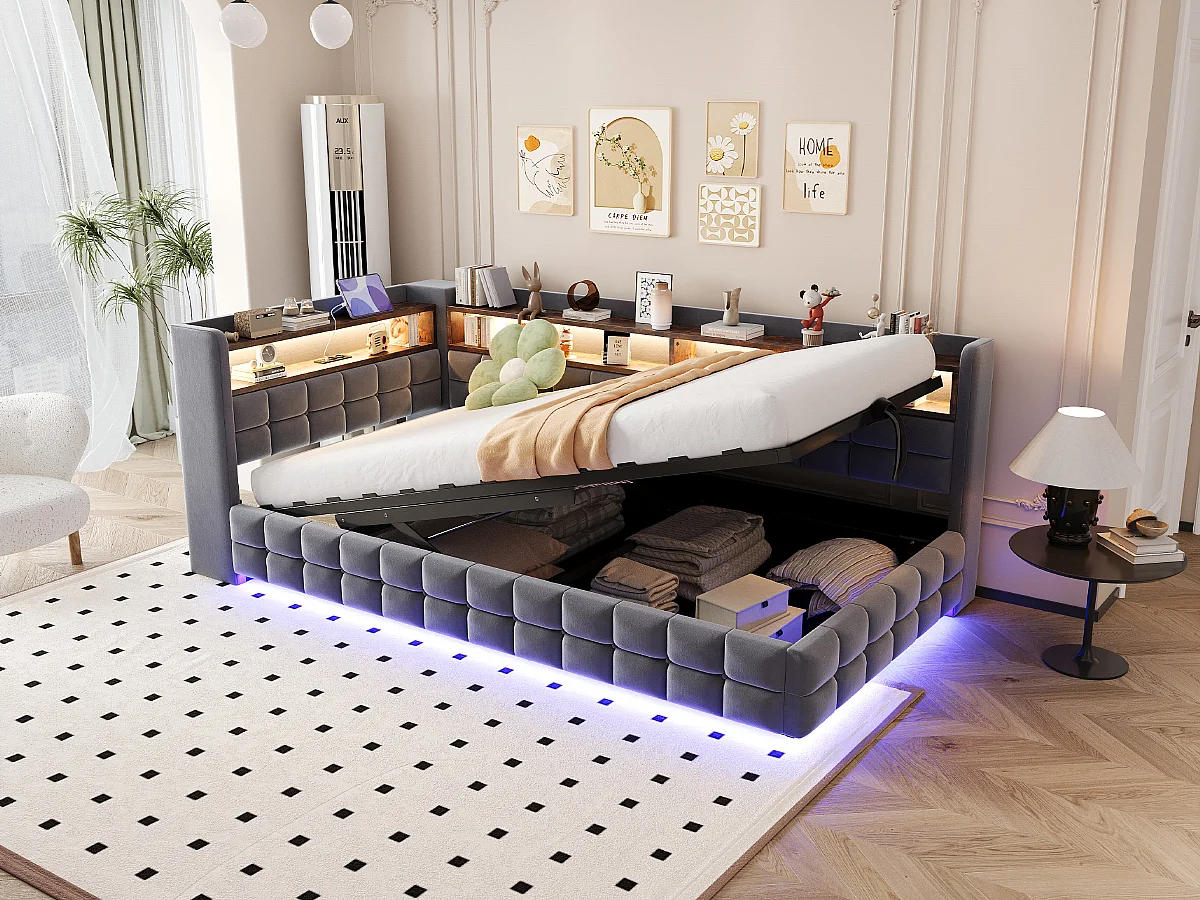 Lit coffre pour enfant - 90 x 200 cm - canapé-lit rembourré avec rangement hydraulique + étagère + Leds - velours - gris