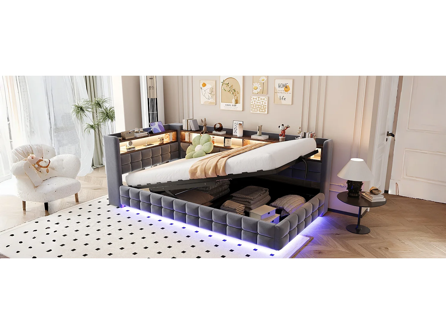 Lit coffre pour enfant - 90 x 200 cm - canapé-lit rembourré avec rangement hydraulique + étagère + Leds - velours - gris