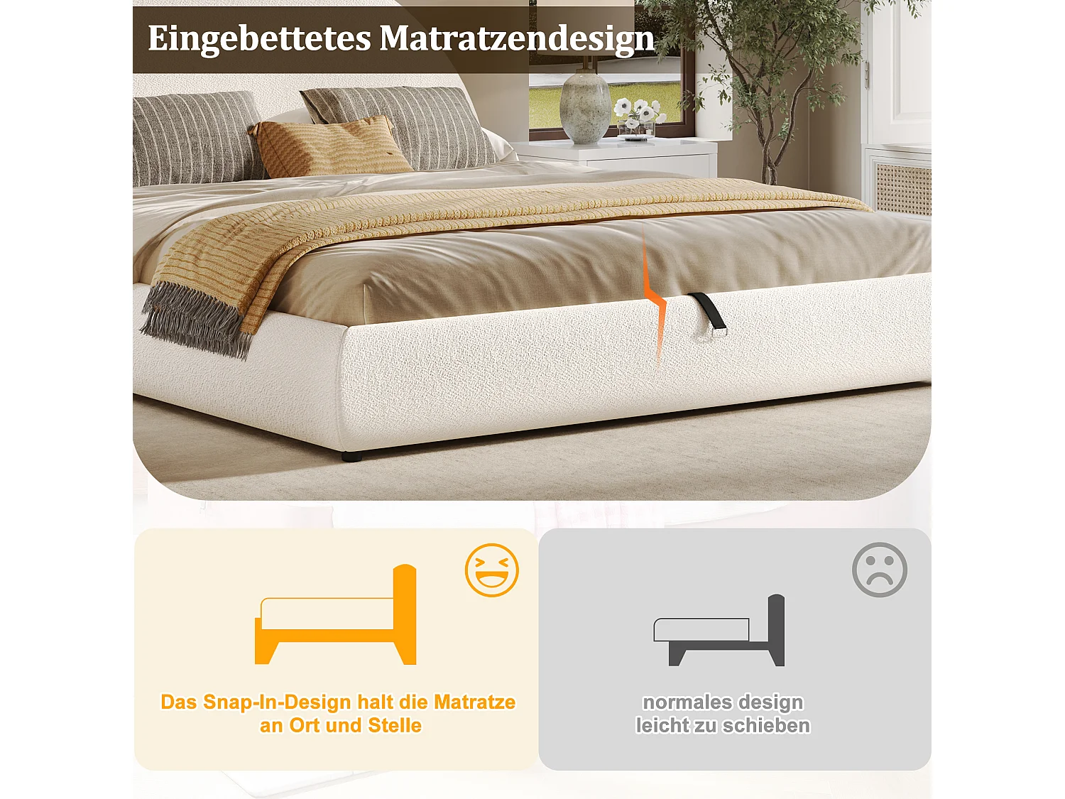 Gestoffeerd tweepersoonsbed met opbergruimte - 180 x 200 cm - met lattenbodem + hoofdbord + hydraulisch bediende opbergruimte - lusvormige bekleding - beige