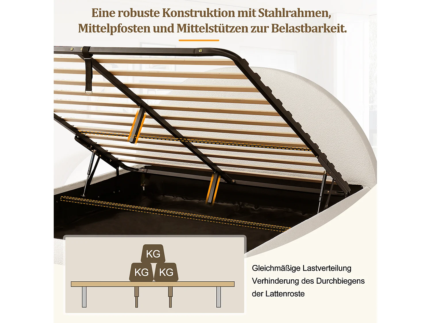 Gestoffeerd tweepersoonsbed met opbergruimte - 180 x 200 cm - met lattenbodem + hoofdbord + hydraulisch bediende opbergruimte - lusvormige bekleding - beige