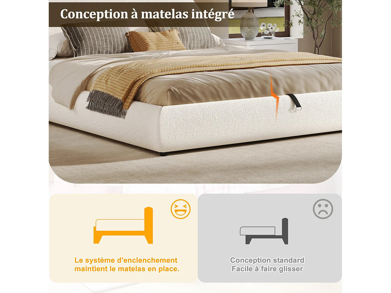 Gestoffeerd tweepersoonsbed met opbergruimte - 180 x 200 cm - met lattenbodem + hoofdbord + hydraulisch bediende opbergruimte - lusvormige bekleding - beige