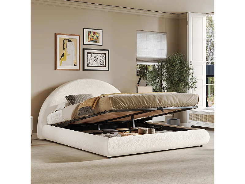 Gestoffeerd tweepersoonsbed met opbergruimte - 180 x 200 cm - met lattenbodem + hoofdbord + hydraulisch bediende opbergruimte - lusvormige bekleding - beige