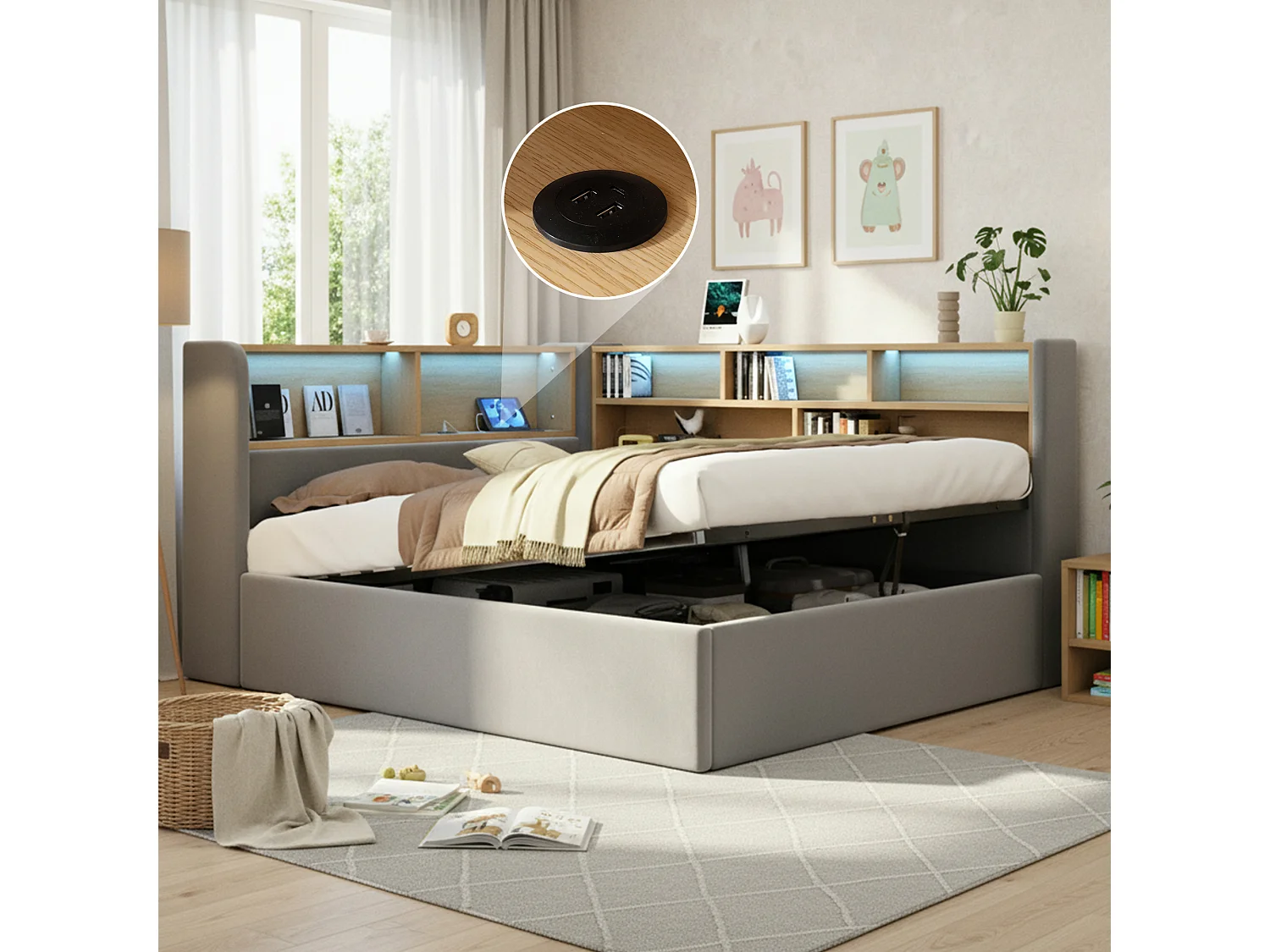 Lit coffre hydraulique pour enfant - 140 x 200 cm - canapé-lit rembourré avec étagère + Leds + USB - velours - gris