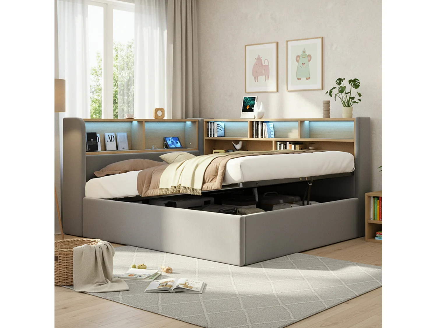 Lit coffre hydraulique pour enfant - 140 x 200 cm - canapé-lit rembourré avec étagère + Leds + USB - velours - gris